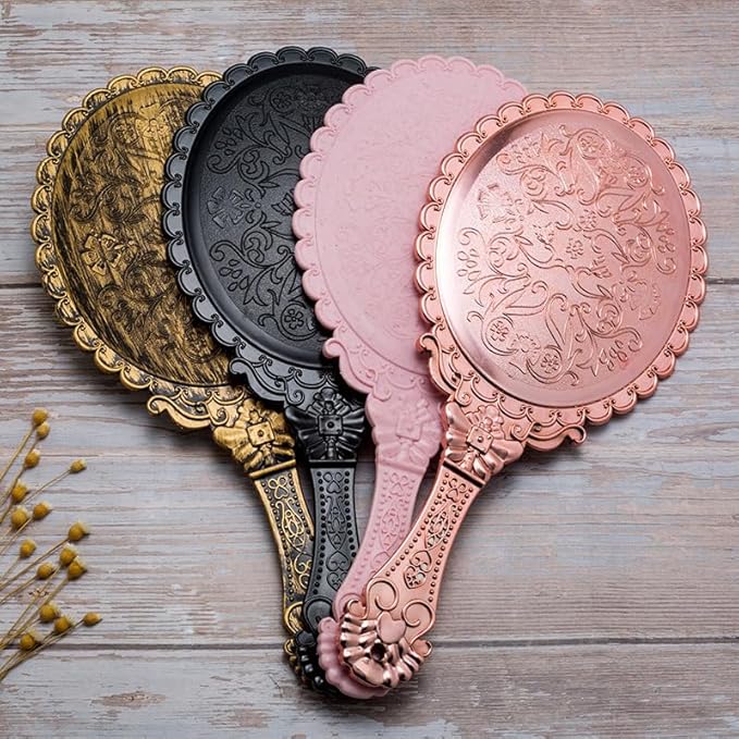 AKOAK Vintage Handheld Makeup Mirror, Exquisite Embossed Decorative Handle Makeup Mirror Portable Travel Mirror for Girls and Ladies (Oval, Bronze)