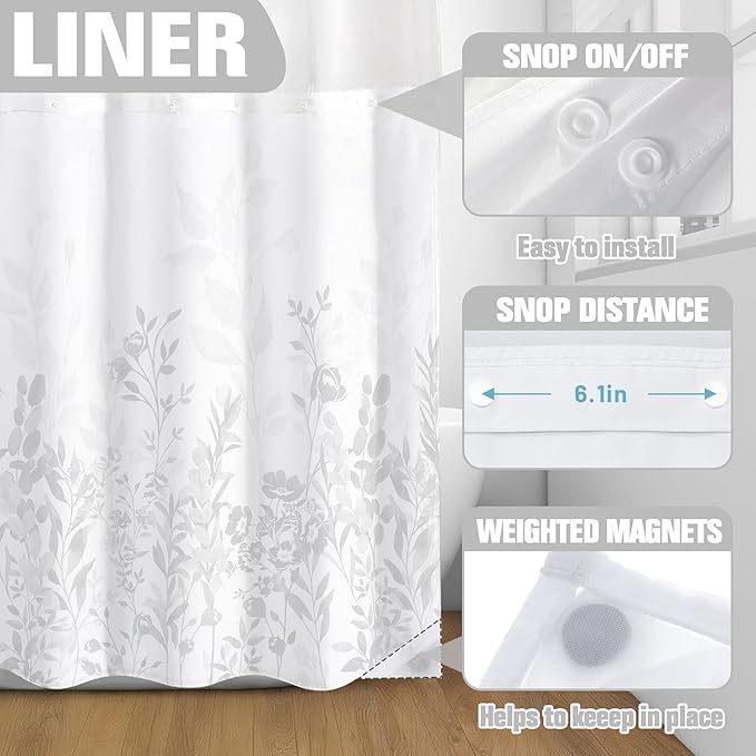 Neasow No Hook Shower Curtain with Snap in Liner, Plant and Flower Curtains with Waterproof Inner Liner for Bathroom, Black and Grey 72×74 inches