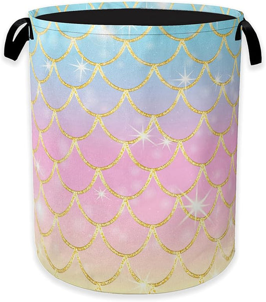 Glitter Mermaid Scales Laundry Basket,Pink Blue Gold Clothes Hamper,Oxford Cloth Collapsible Nursery Hamper Storage Organization for Bedroom,Bathroom,Office,College Dorms,16x20 Inch