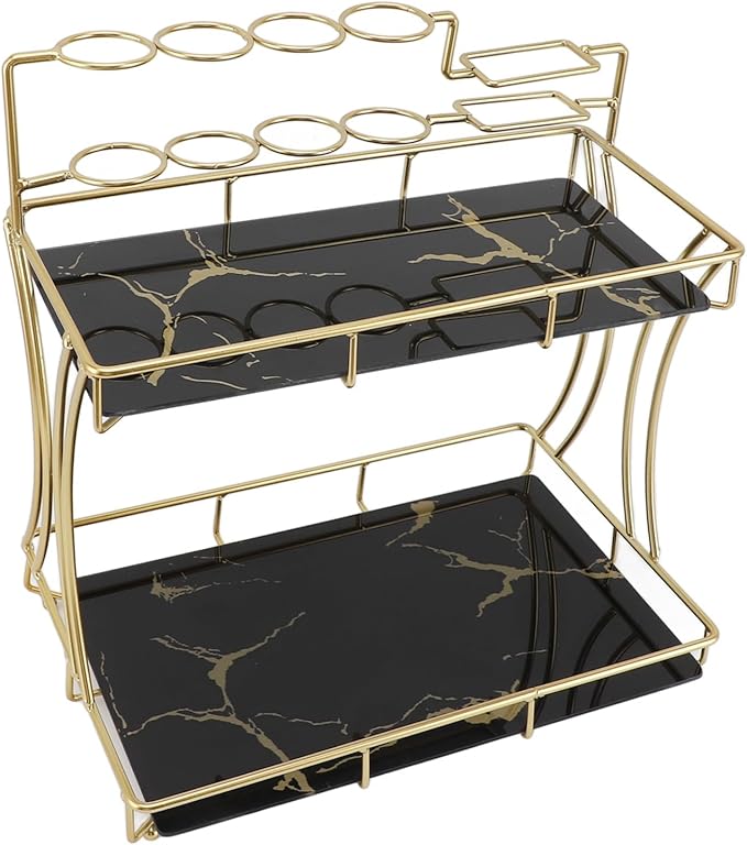 Double Layer Countertop Storage Rack, Bathroom Countertop Organizer with Electric Toothbrush Holder, Iron and Glass Counter Shelf for Toiletries and Cosmetics (Black Background Gold Grain)