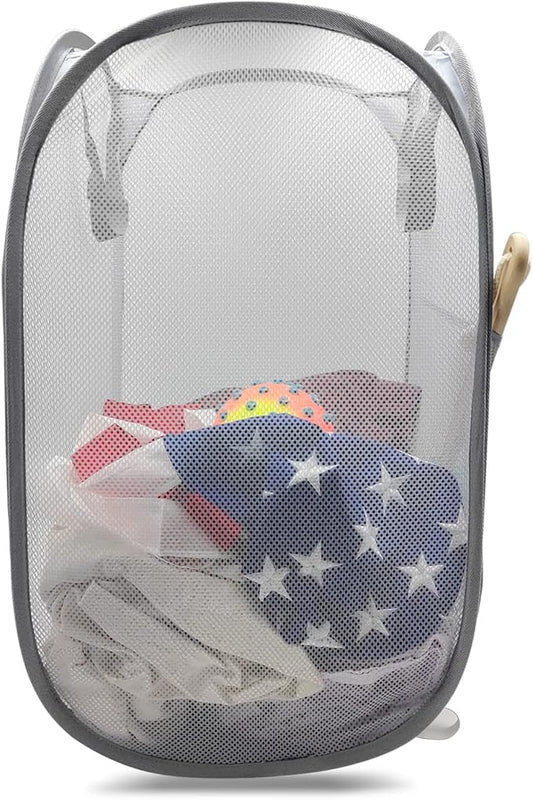 HONOMA Sturdy Mesh Laundry Hamper Basket Bag,Pop up Basket with Side Pocket for Laundry Room, Bathroom, Kids Room, College Dorm or Travel (Pop Vertical, Grey)