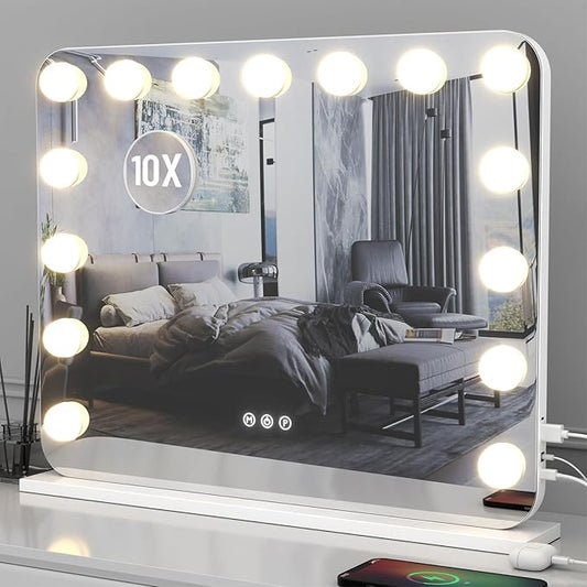 Vanity Mirror with Lights, 23"×18" Hollywood Vanity Mirror with Lights 15 Dimmable LED Bulbs, 3 Color Modes, 10X Magnification, USB Charging Port, Tabletop or Wall-Mounted (White, 23 * 18)