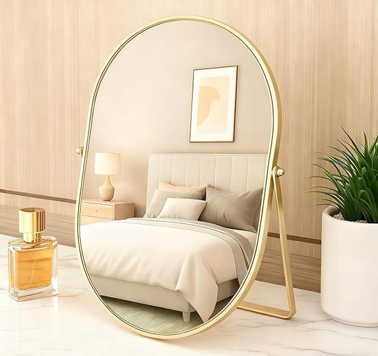 Feyarl Oval Vanity Makeup Mirror 12x8 Inch Vertical Tabletop Mirror Decorative Standing Cosmetic Mirror for Bedroom Bathroom Desk Dresser Table Desktop (Gold)