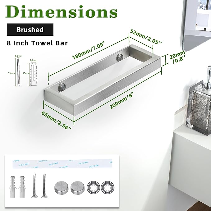 Alise Hand Towel Holder,Wall Mount Towel Bar for Bathroom,Towel Rack for Lavatory,8 Inch Towel Hanger SUS304 Stainless Steel Towel Rail,Brushed Finish