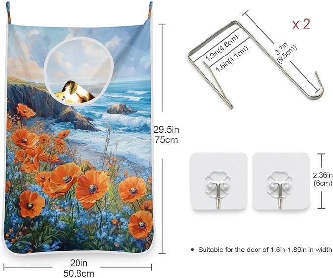 Hanging Laundry Hamper with Stainless Steel Hooks,Oxford Fabric Printing Door Laundry Clothes Bag, 29.5X20inch 2PCS Poppy Flower and Blue Ocean