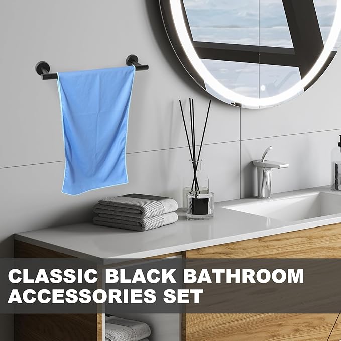 Blulu 28 Pcs Bathroom Hardware Set Stainless Steel Bathroom Accessories Set, Including 16'' Bath Towel Bar, Towel Rings, Robe Hooks, Toilet Paper Holders, Wall Mounted (Matte Black)