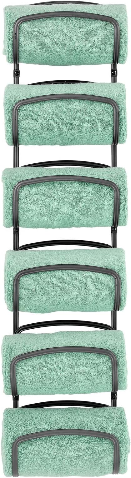 mDesign Metal Towel Shelves – Towel Rack for The Bathroom with 6 Compartments – Practical Bathroom Accessories for Both Large and Small Towels – Black
