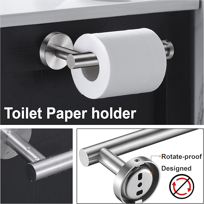 Nolimas 3-Pieces Set Brushed Nickel Bathroom Hardware SUS304 Stainless Steel Round Wall Mounted - Includes 12" Hand Towel Bar, Toilet Paper Holder, Robe Towel Hooks,Bathroom Accessories Kit