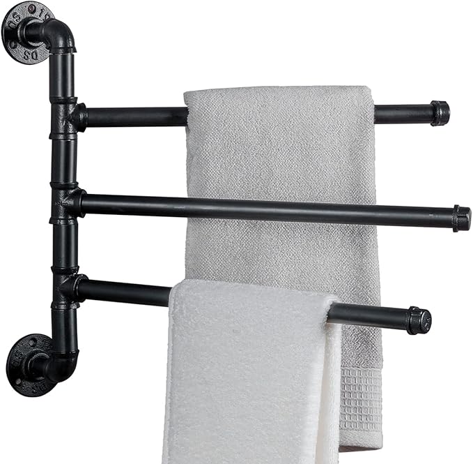 MyGift 3 Tier Swivel Towel Rack, Wall Mounted Bathroom Bath Towel Bar, Hanging Hand Towel Holder, Black Metal Industrial Pipe Design