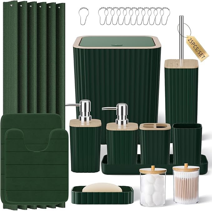 XLHOMO Bathroom Accessories Set - 25PC Green Bathroom Set, Bathroom Set with Shower Curtain and Rugs, Green Shower Curtain Set, Toilet Brush, Bathroom Trash Can