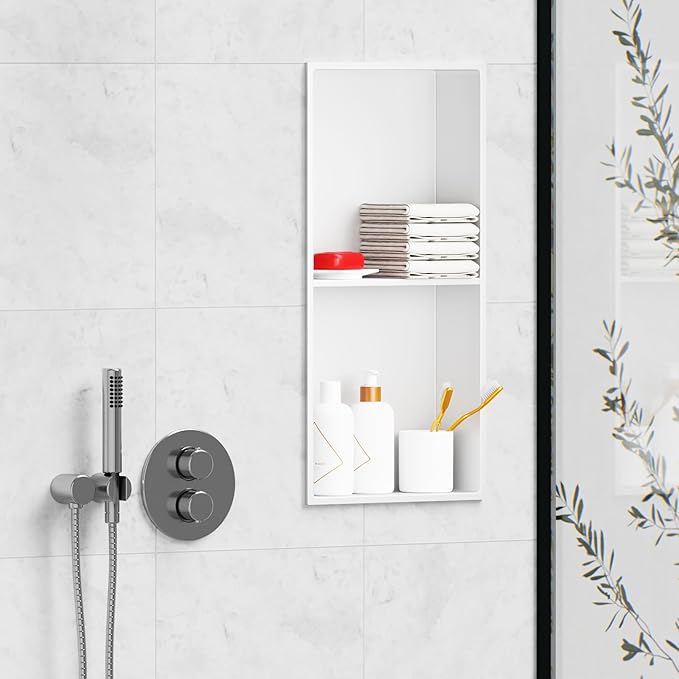 Stainless Steel Shower Niche 24" X 12" No Tile Needed Niche Shower with Two-Tier Recessed Wall Niches Insert for Bathroom Kitchen Storage, White