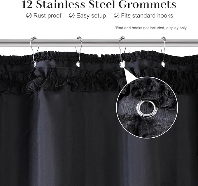 Black Ruffle Shower Curtain, Girls Women Fabric Shower Curtain with Delicate Handcrafted Ruffles, Waterproof Ruched Farmhouse Decorative Bathroom Curtain, 72" W x 72" H