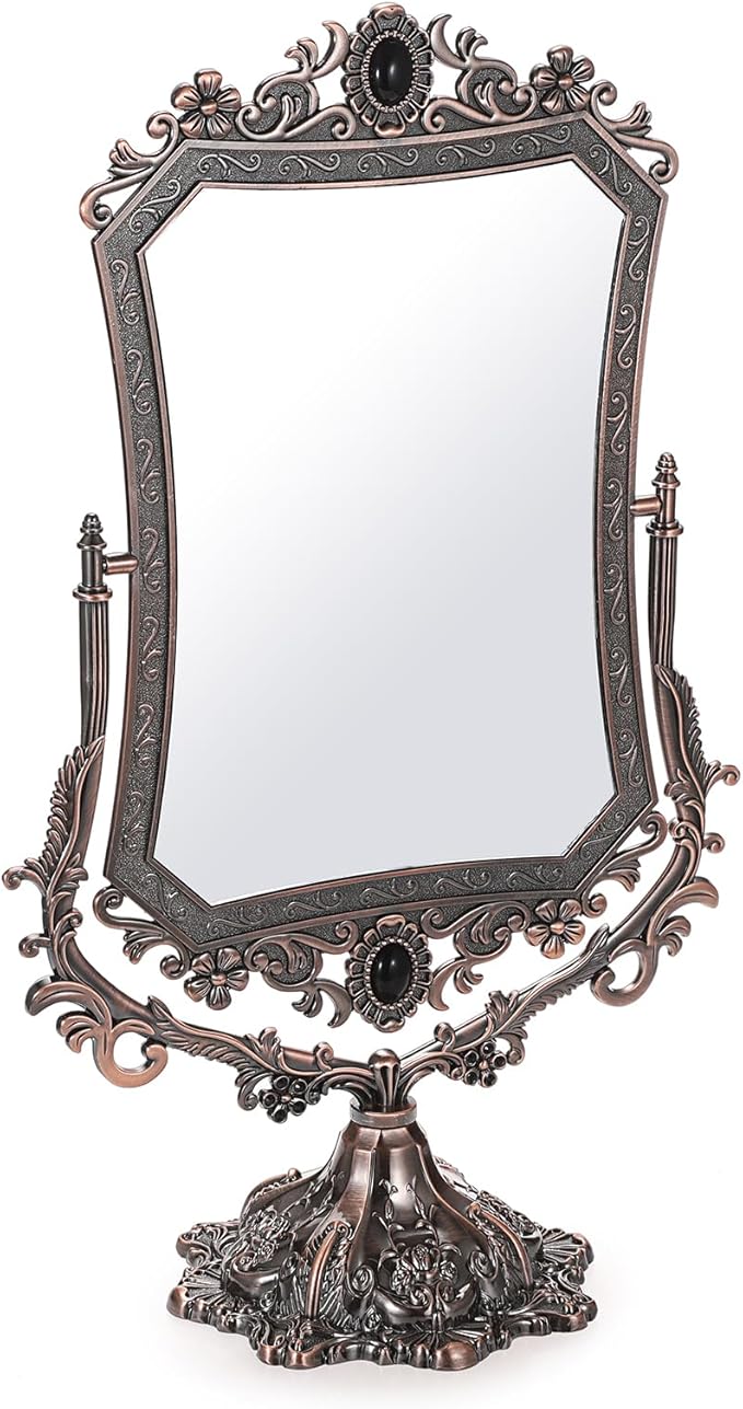 JUXYES Metal Tabletop Antique Decorative Makeup Mirror with Stand, Vintage 360° Swivel Double Sided Cosmetic Mirror with Frame, Retro Desktop Dressing Mirror Magic Mirror for Dresser
