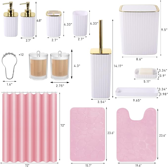 XLHOMO Bathroom Accessories Set- 25PC White Bathroom Set, Bathroom Set with Shower Curtain and Rugs, Pink Shower Curtain Set, Soap Dish & Trash Can