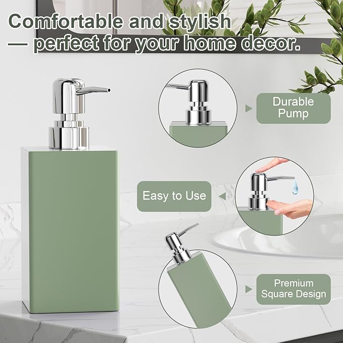Sage Green Bathroom Accessories Set Resin 6PCS, Square Toothbrush Holders Set Complete with Soap Dispenser, Vanity Tray, Tumbler, Cups and Cotton Swab Jars for Counter, Sink or Small Spaces