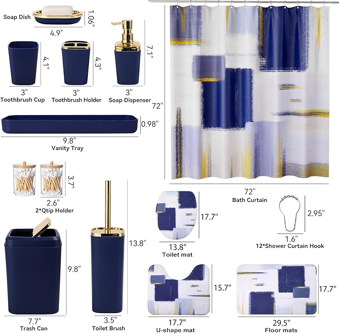 XLHOMO Bathroom Set - Navy Blue and Gold Bathroom Accessories Set, Bathroom Sets with Shower Curtain and Rugs, Blue Shower Curtain Set with Bathroom Trash Can, Soap Dispenser,Soap Dish for Home Decor