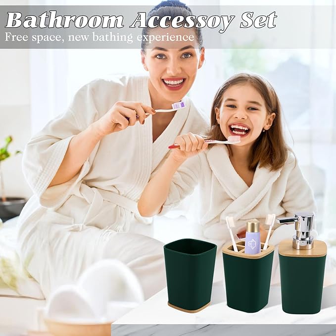 XLHOMO Dark Green Bathroom Accessories, Green Bathroom Accessories Set with Trash Can, Soap Dispenser, Toothbrush Holder, Toothbrush Cup, Soap Dish, Toilet Brush, Tray and Q-tip Holders