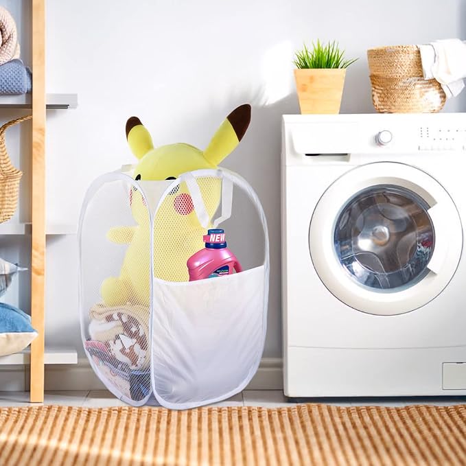 SPINFOX Pop Up Collapsible Laundry Baskets, 2 Pack Foldable Mesh Popup Laundry Hamper with Reinforced Carry Handles, Mesh Laundry Basket for Kids Room College Dorm or Travel(White)