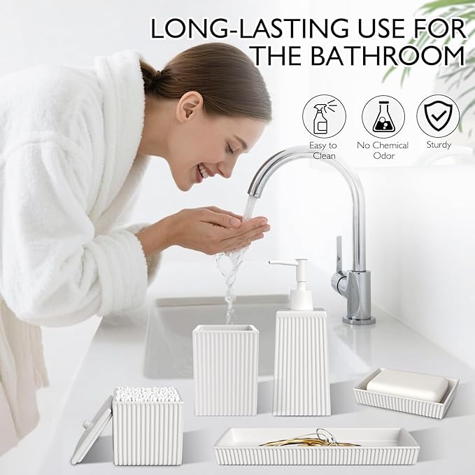 XLHOMO Bathroom Set - White Bathroom Accessories Set, 5PCS Ceramic Bathroom Accessory Set, Bathroom Sets with Soap Dispenser, Toothbrush Tumbler, Soap Dish, Q-tip Holder & Vanity Tray