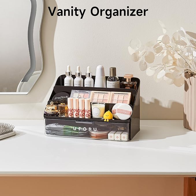 3-Tier Perfume and Cologne Organizer Stand with Large Detachable Drawer, Makeup Organizer for Vanity, Display Riser Plastic Storage Shelf, Bathroom, Office, Black