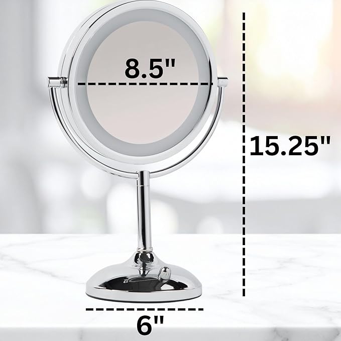 JERDON Lighted Tabletop Mirror with 10X/1X Magnification - LED Lighted Makeup Mirror with Multiple Light Settings in Chrome Finish - 8.5-Inch Diameter Vanity Mirror - Model JS8510BC