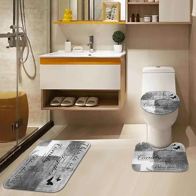 Family Home Motivational Shower Curtain Set with Toilet Lid Cover and Non-Slip Rugs for Bathroom, Grey White Abstract Painting Art 4 Pcs Shower Curtain, Modern Bathroom Set with 12 Hooks