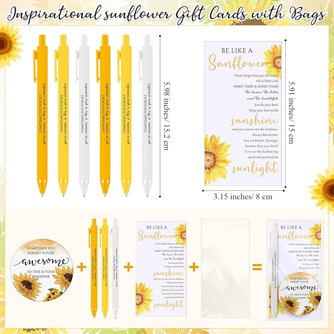 Cinnvoice 18 Set Inspirational Gifts for Women Sunflower Mini Compact Mirror and Pen with Motivational Cards Sometimes You Forget Your Awesome Gifts for Mother Coworkers or Any Woman (Inspirational)