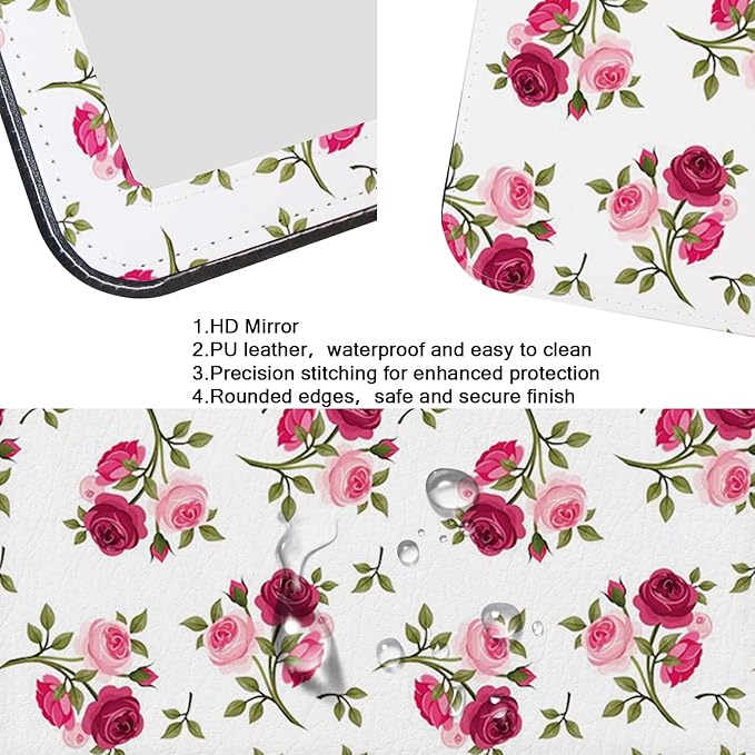 Mirror Foldable Portable Travel Makeup Compact Personal Hand Mirror PU Portable Adjustable Rectangular Ultrathin Vanity Mirror with Stand, for Travel, Camping, Home, Office & On-The-Go (Rose Pattern)