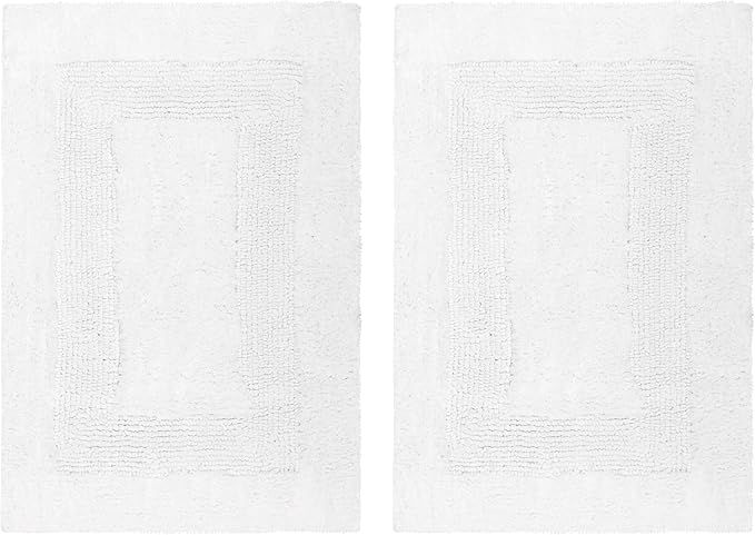 Cotton Craft 2 Piece Reversible Step Out Bath Mat Rug Set 17x24 White, 100% Pure Cotton, Super Soft, Plush & Absorbent, Hand Tufted Heavy Weight Construction, Full Reversible, Rug Pad Recommended