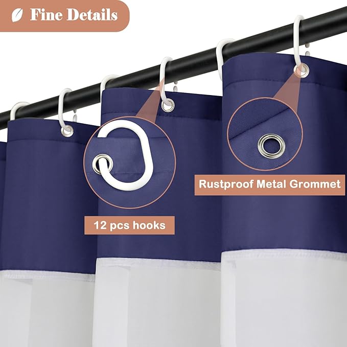 UFRIDAY Navy Blue Shower Curtain，72 x 75 Inch Long Fabric Shower Curtain Water Repellent with Window for Bathroom, with 12 Hooks