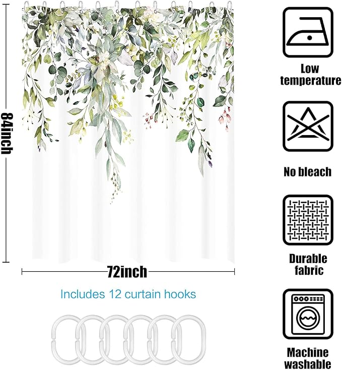 kampdream Green Eucalyptus Plant Shower Curtain, Watercolor Leaves On The Top Shower Curtain, Sage Green Spring Botanical Bathroom Curtain 72 ×84 Inch