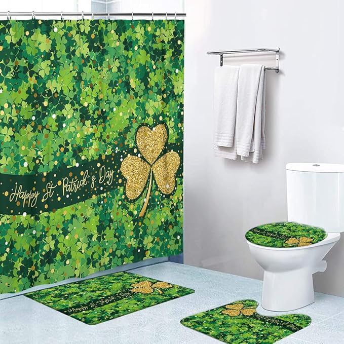 Ansouyi 4Pcs Bathroom Shower Curtain Sets with Non-Slip Rugs, Toilet Lid Cover and Bath Mat, St Patricks Day Shamrock Durable Waterproof Shower Curtain for Bathroom Set, 72x72 Inch