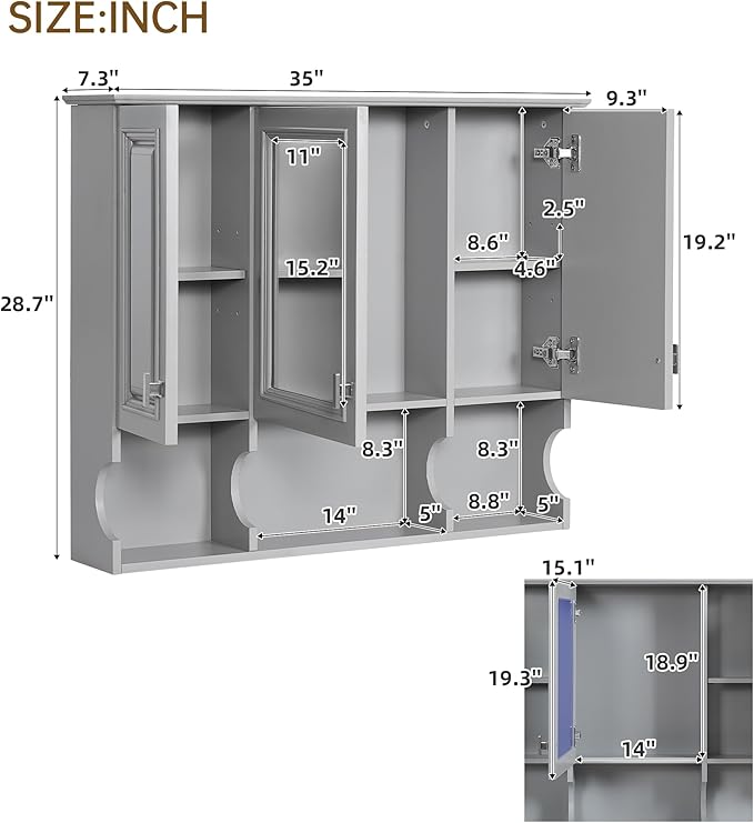 Bathroom Wall Cabinet with Mirror, Medicine Cabinet with 3 Doors and Adjustable Shelf, Space Saver Storage Cabinets Over The Toilet for Bathroom (35'' x 28'')