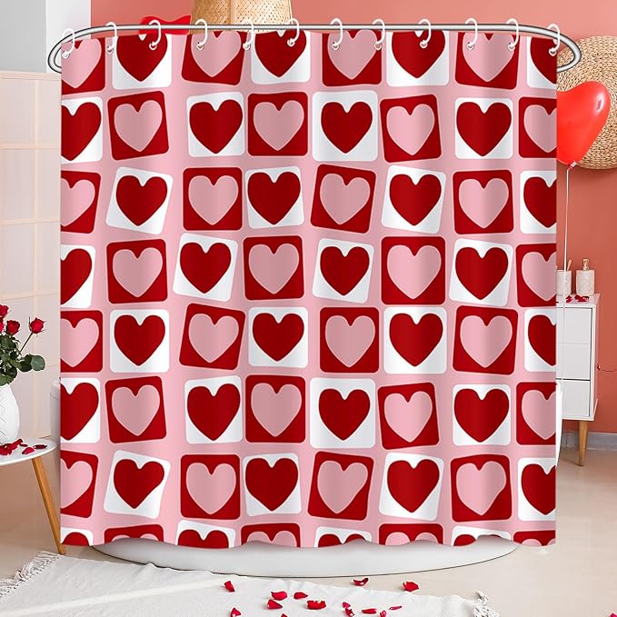 Drydiet 4 Pcs Galentine 's Day Shower Curtain Set, Plaid Heart Curtain Happy Galentine's Day Non Slip Rugs Toilet Lid Cover U Shape Bath Mat and 12 Hooks Bathroom Supplies for Home Decor