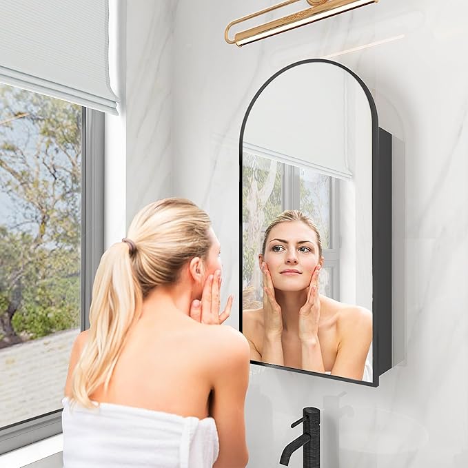 FKWin Black Medicine Cabinet for Left or Right Opening, Wall Mounted Bathroom Cabinet with Mirror not Recessed, Modern Bathroom Mirror with Storage, Black, 24x36 inch