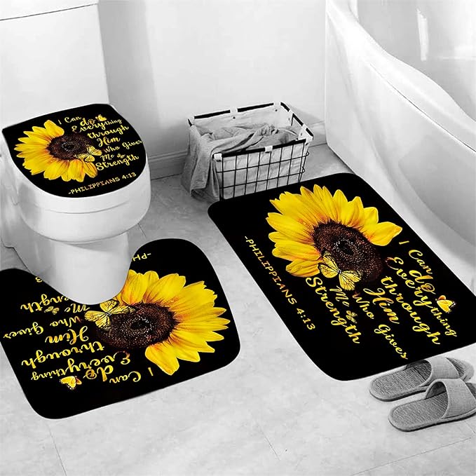 AZHM 4pcs Sunflower Shower Curtain Set Inspirational Quotes Flower Bathroom Decor with Rugs Bathroom Accessories Set Bathroom Curtain Shower with 12 Hooks