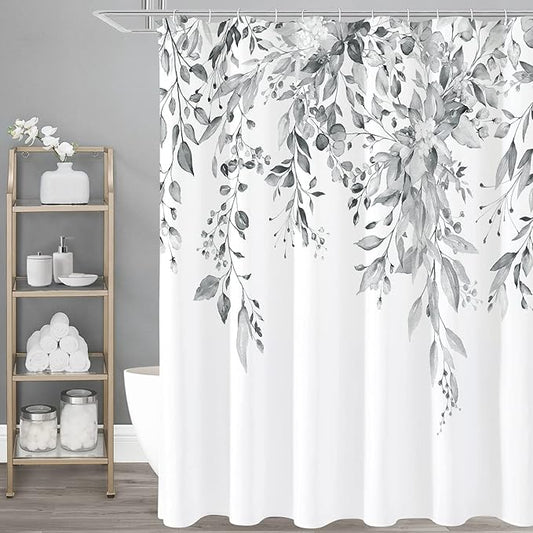 Gibelle Extra Long Shower Curtain 72 x 84, Grey Floral Shower Curtain for Bathroom, Watercolor Plant Eucalyptus Leaves Fabric Shower Curtain Set