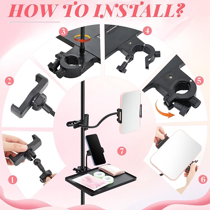 Saillong Adjustable Lash Tray Holder for Ring Light Tray 10.6" x 8" Lash Trays Organizer with Phone Holder, Makeup Mirror and Mirror Clip for Salon or Home Use Eyelash Extensions Supplies