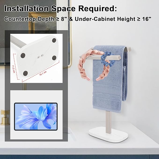 Livabber Standing Hand Towel Holder, 304 Stainless Steel Hand Towel Rack Stand with Heavy Marble Base, Bath Accessories, Towel Ring for Bathroom Kitchen Countertop, 14 Inch (Brushed Nickel)