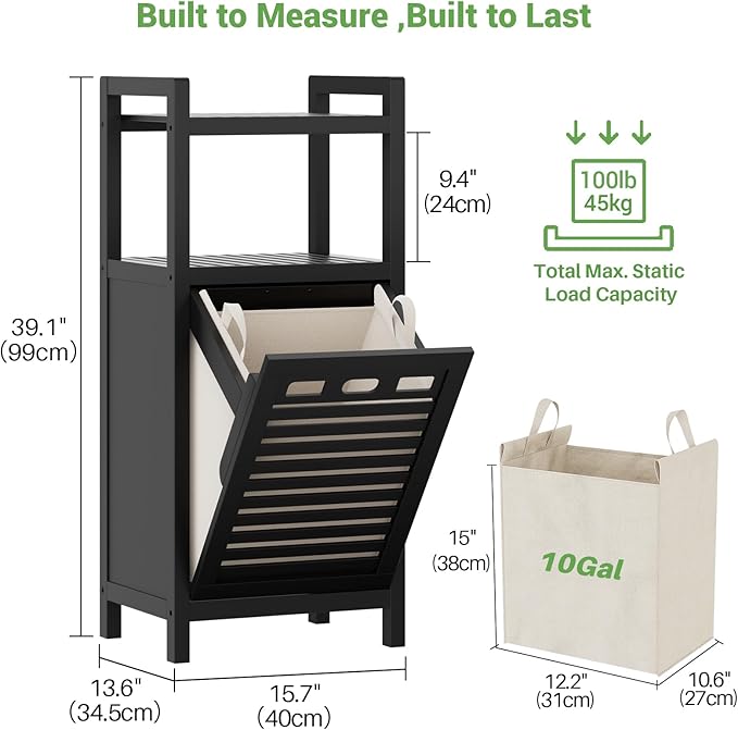Homykic Tilt Out Laundry Hamper, 10 Gal Bamboo Laundry Storage Cabinet with Removable Basket, Hidden Hamper Organizer with Shelf for Dirty Clothes, Bathroom, Laundry Room, Space Saving, Black