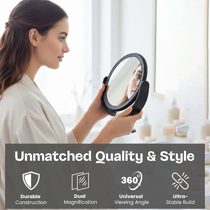 Danielle Creations Round Soft Touch Vanity Mirror Black & Silver, 1x/10x Magnification, Dual Sided Makeup Mirror, Compact Tabletop Cosmetic Mirror, 7.48 x 3.94 x 9.06 Inches