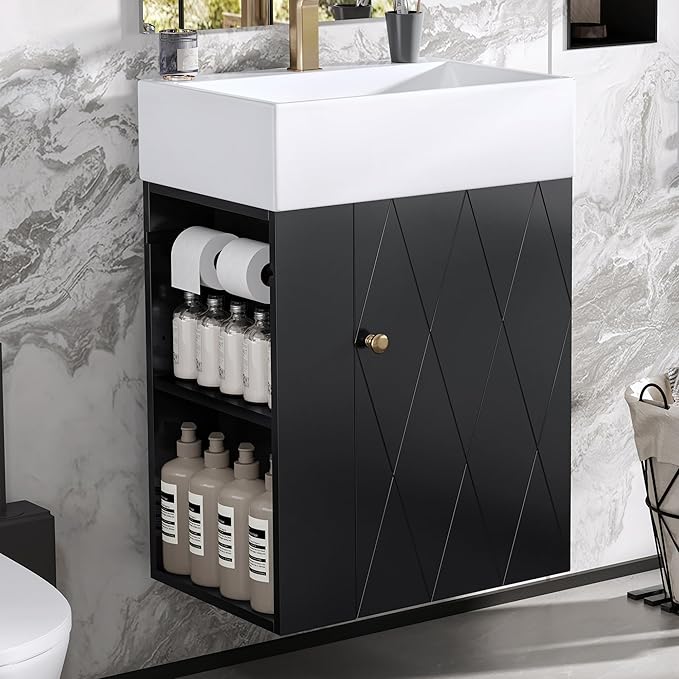 Virubi 20" Floating Bathroom Vanity with Sink, Soft Closing Door,and Storage Shelves, Solid Wood Frame & MDF Modern Single Small Bathroom Vanity Cabinet with Open Shelf,Wall Mounted Black