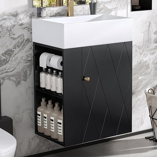 Virubi 20" Floating Bathroom Vanity with Sink, Soft Closing Door,and Storage Shelves, Solid Wood Frame & MDF Modern Single Small Bathroom Vanity Cabinet with Open Shelf,Wall Mounted Black