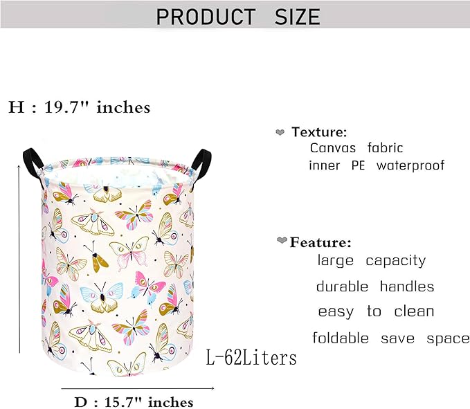 KUNRO Round Spring Butterfly Laundry Gift Basket Storage Hamper, Clothes Storage Organizer Bins, Shelf Basket with Handles for Room Decor