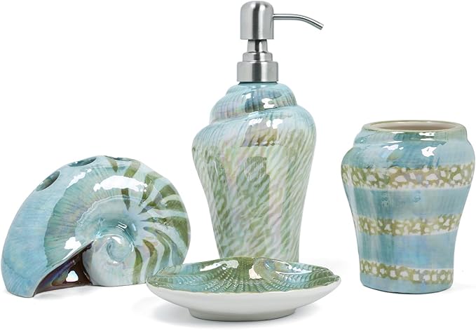 Ocean Conch Sea Shell Ceramic Bathroom Accessories Set of 4,1 Gargle Cups 1 Toothbrush Holders 1 Soap Dishes 1 Soap Dispenser (Green)