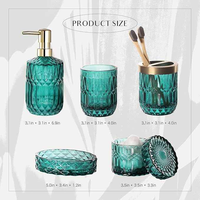 EMPO 6PCS Bathroom Clear Glass Accessories Set (Lotion Soap Dispenser, Soap Dish, Toothbrush Holder, Tumbler, Cotton Swab Jar), Contemporary Modern Decor Crystal Vintage Gift (6pcs Ocean Teal Blue)