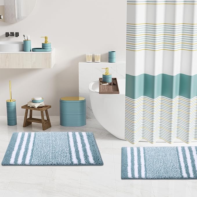 Bathroom Set - Bathroom Sets with Shower Curtain and Rugs, 25PC Bathroom Accessory Set, Light Blue Bathroom Accessories Set with Trash Can, Soap Dispensers
