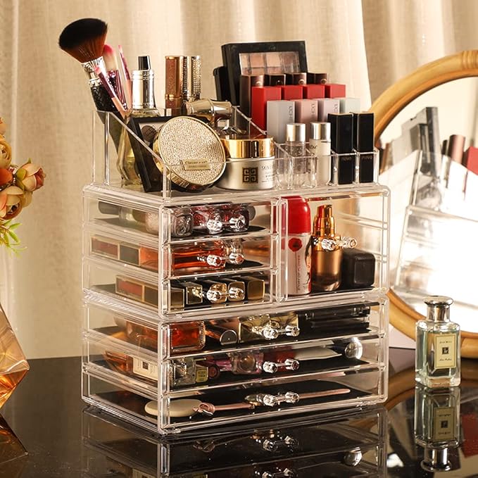Cq acrylic 3 Pack Clear Make Up Organizers for Vanity,Stackable 7 Drawers Make Up Organizer,Cute Desk Organizer for Vanity Jewelry,Hair Clip,Beauty,Skincare Product Dresser Acrylic Drawer Organizer