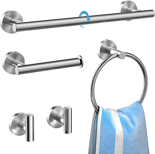 Bathroom Hardware Set 5 Pieces, SUS304 Stainless Steel Bathroom Accessories Set, 24 Inch Towel Bar Set, Round Bathroom Accessories Kit Wall Mounted, Simple Design for All Bathrooms (Polished Chrome)