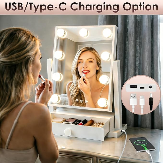 COLMERD Vanity Mirror with Lights with Drawer, Type-C and USB Charging Port, Hollywood Makeup Mirror with 9 LED Bulbs, 3 Colors Dimmable, Touch Control, Detachable 5X Magnification, Gifts for Women